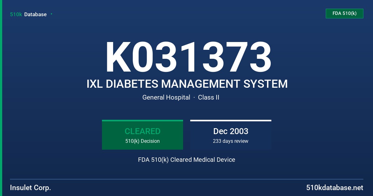 K031373 IXL DIABETES MANAGEMENT SYSTEM FDA 510(k) Cleared Medical Device