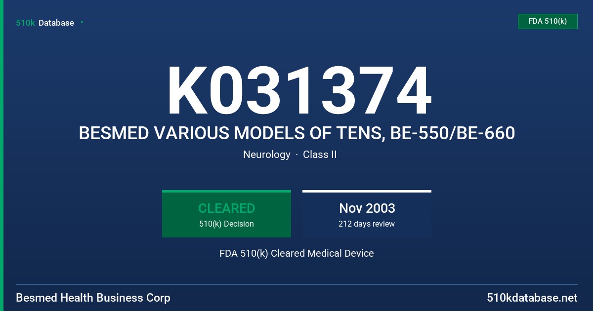 K031374 BESMED VARIOUS MODELS OF TENS, BE-550/BE-660 FDA 510(k) Cleared Medical Device
