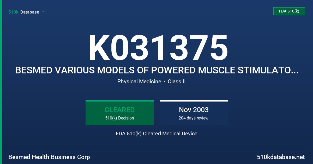 K031375 BESMED VARIOUS MODELS OF POWERED MUSCLE STIMULATOR, BE-560/BE-580 FDA 510(k) Cleared Medical Device