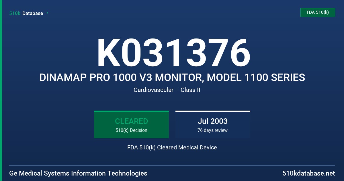 K031376 DINAMAP PRO 1000 V3 MONITOR, MODEL 1100 SERIES FDA 510(k) Cleared Medical Device