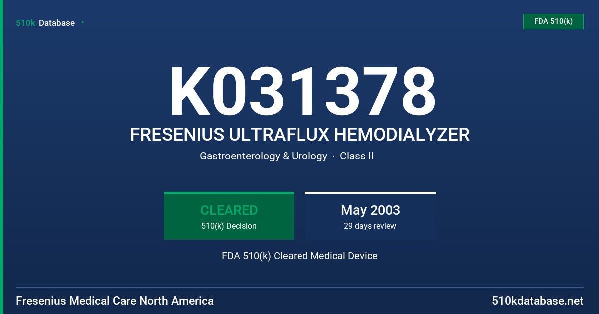 K031378 FRESENIUS ULTRAFLUX HEMODIALYZER FDA 510(k) Cleared Medical Device