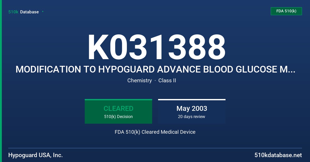 K031388 MODIFICATION TO HYPOGUARD ADVANCE BLOOD GLUCOSE MONITORING SYSTEM FDA 510(k) Cleared Medical Device