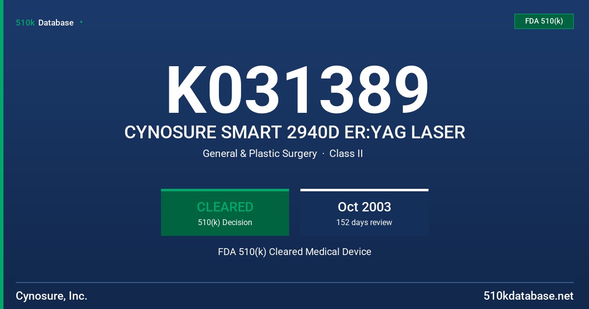 K031389 CYNOSURE SMART 2940D ER:YAG LASER FDA 510(k) Cleared Medical Device