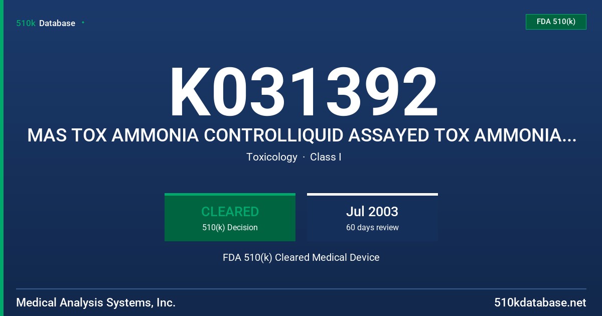 K031392 MAS TOX AMMONIA CONTROLLIQUID ASSAYED TOX AMMONIA CONTROL FDA 510(k) Cleared Medical Device