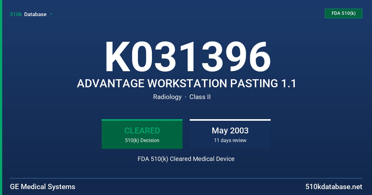 K031396 ADVANTAGE WORKSTATION PASTING 1.1 FDA 510(k) Cleared Medical Device