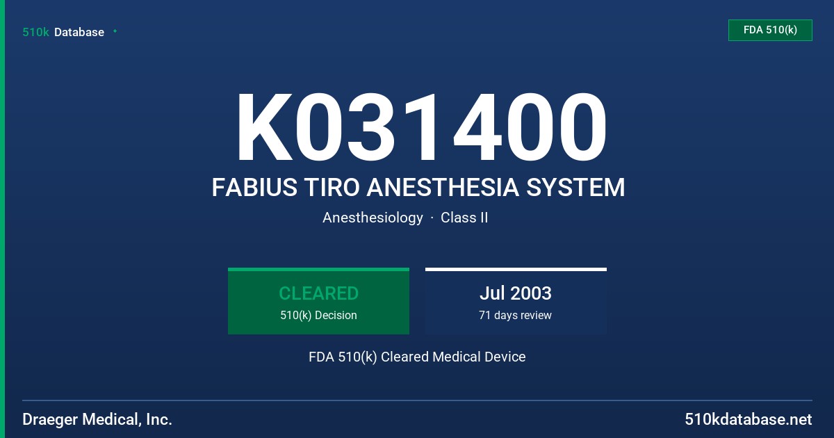 K031400 FABIUS TIRO ANESTHESIA SYSTEM FDA 510(k) Cleared Medical Device