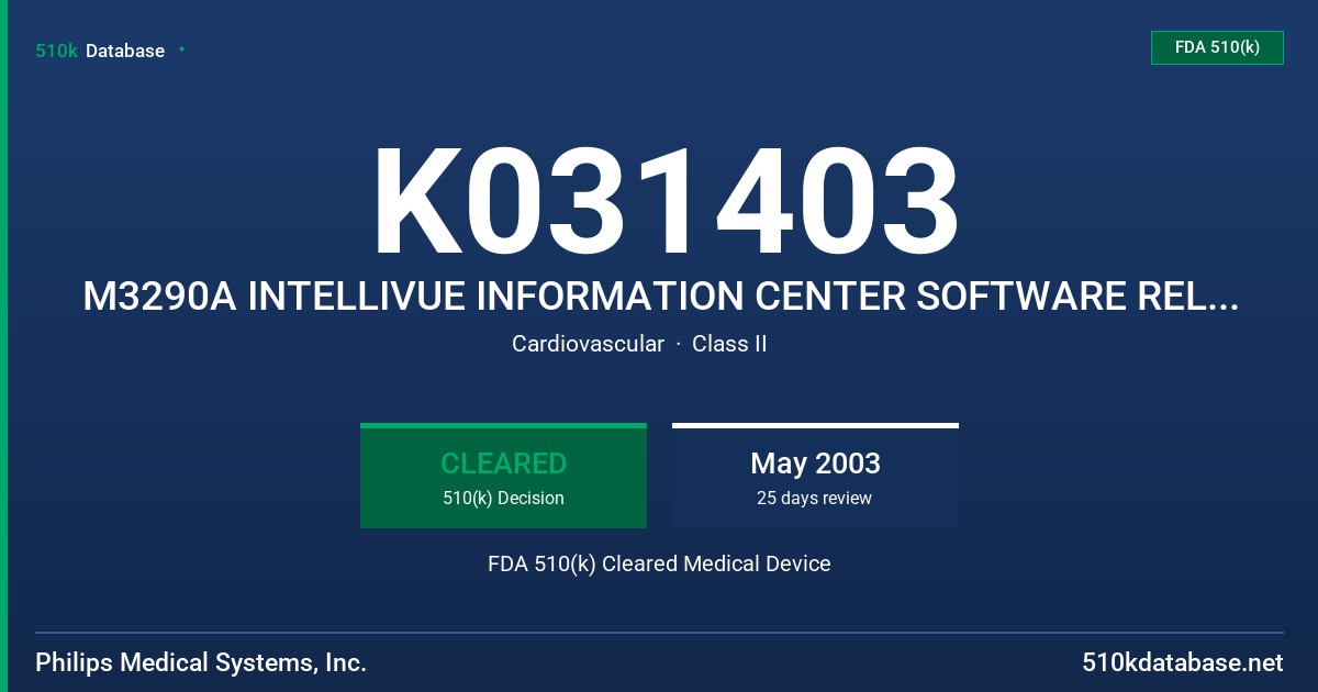 K031403 M3290A INTELLIVUE INFORMATION CENTER SOFTWARE RELEASE E.1 FDA 510(k) Cleared Medical Device