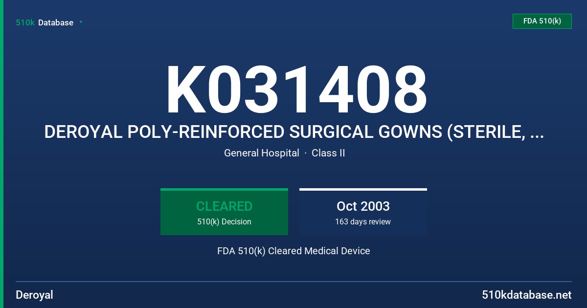 K031408 DEROYAL POLY-REINFORCED SURGICAL GOWNS (STERILE, NON-STERILE) FDA 510(k) Cleared Medical Device