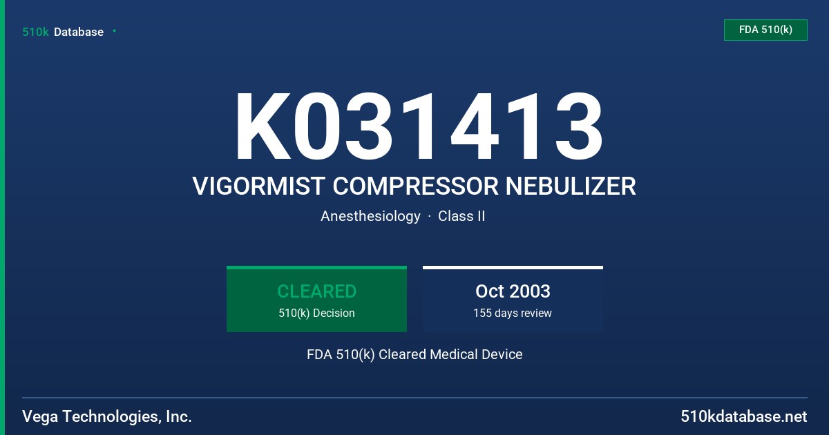K031413 VIGORMIST COMPRESSOR NEBULIZER FDA 510(k) Cleared Medical Device