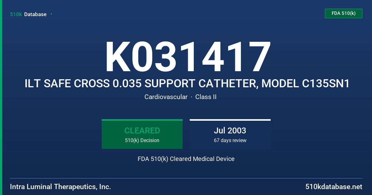 K031417 ILT SAFE CROSS 0.035 SUPPORT CATHETER, MODEL C135SN1 FDA 510(k) Cleared Medical Device
