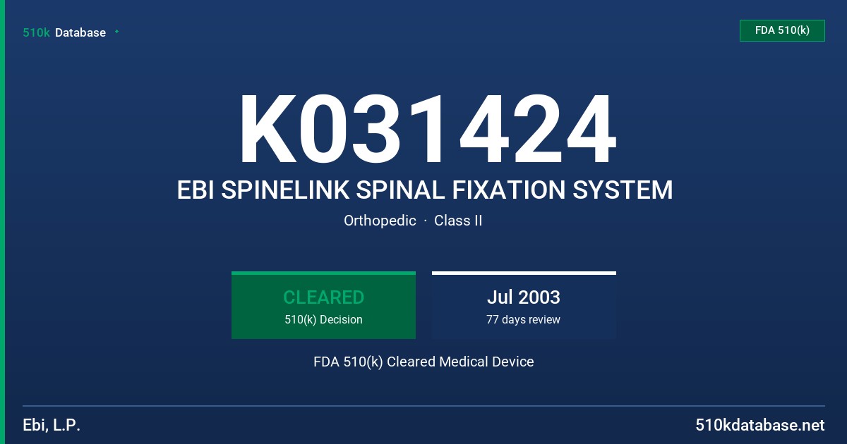 K031424 EBI SPINELINK SPINAL FIXATION SYSTEM FDA 510(k) Cleared Medical Device