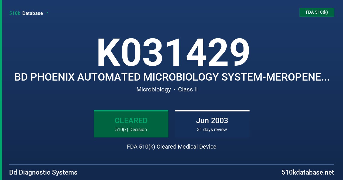 K031429 BD PHOENIX AUTOMATED MICROBIOLOGY SYSTEM-MEROPENEM 0.25-16 UG/ML FDA 510(k) Cleared Medical Device