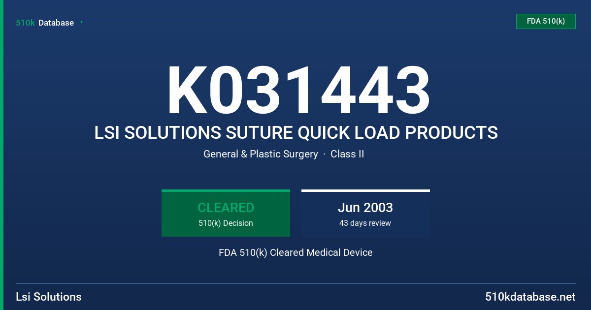 K031443 LSI SOLUTIONS SUTURE QUICK LOAD PRODUCTS FDA 510(k) Cleared Medical Device