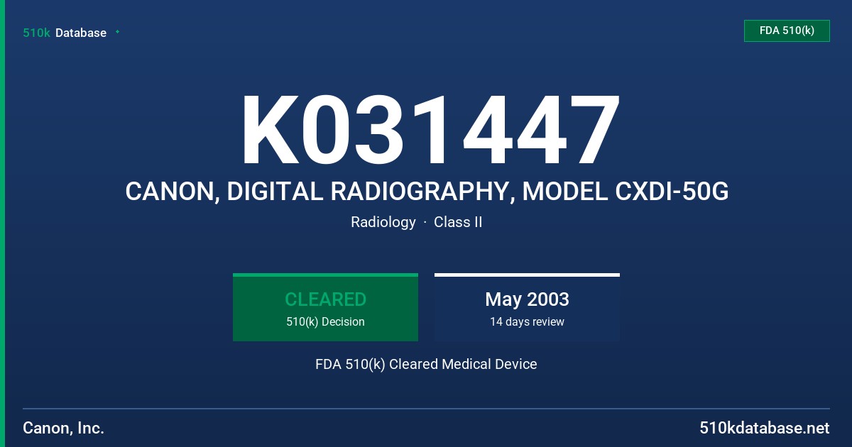 K031447 CANON, DIGITAL RADIOGRAPHY, MODEL CXDI-50G FDA 510(k) Cleared Medical Device