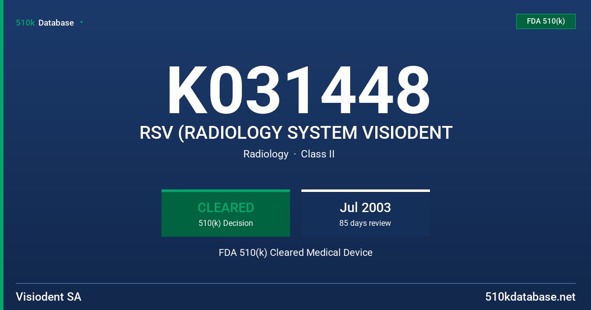 K031448 RSV (RADIOLOGY SYSTEM VISIODENT FDA 510(k) Cleared Medical Device