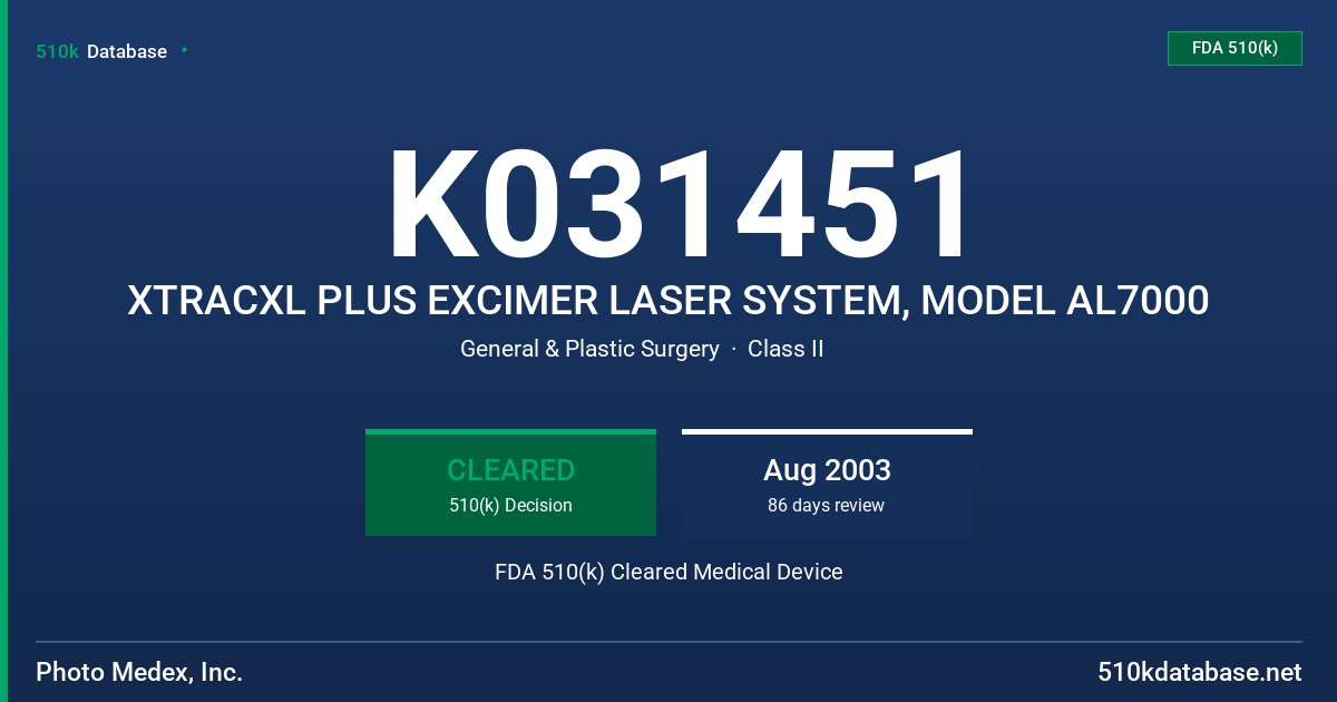 K031451 XTRACXL PLUS EXCIMER LASER SYSTEM, MODEL AL7000 FDA 510(k) Cleared Medical Device