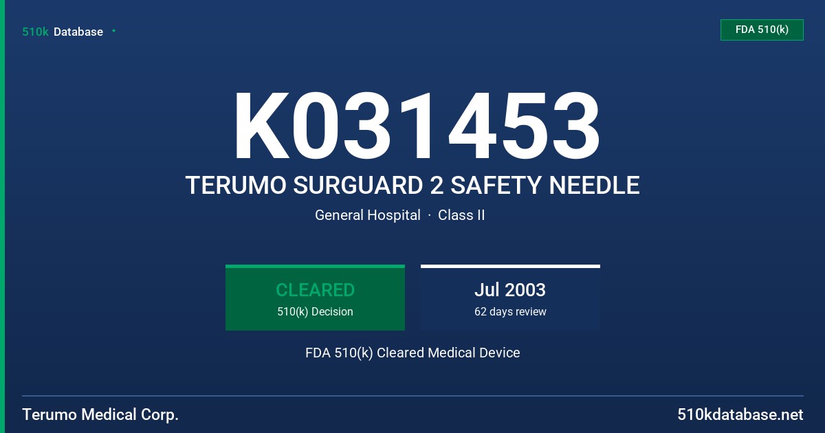 K031453 TERUMO SURGUARD 2 SAFETY NEEDLE FDA 510(k) Cleared Medical Device
