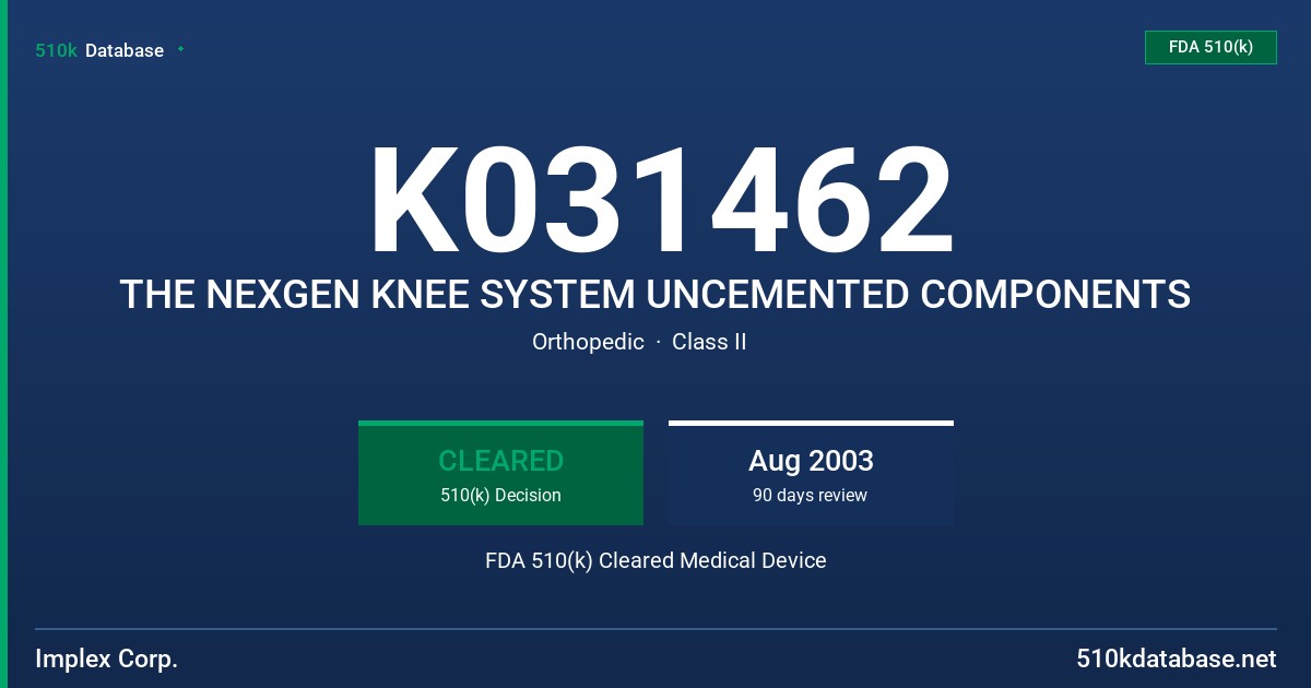 K031462 THE NEXGEN KNEE SYSTEM UNCEMENTED COMPONENTS FDA 510(k) Cleared Medical Device
