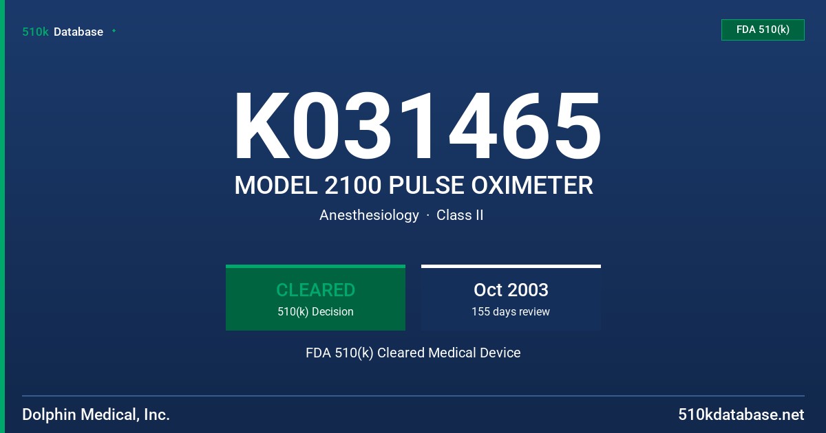 K031465 MODEL 2100 PULSE OXIMETER FDA 510(k) Cleared Medical Device
