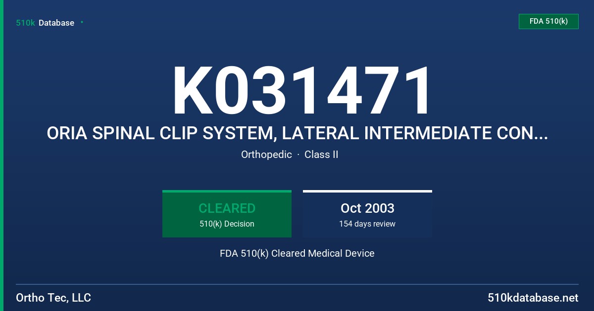 K031471 ORIA SPINAL CLIP SYSTEM, LATERAL INTERMEDIATE CONNECTOR, MODEL AL01 FDA 510(k) Cleared Medical Device