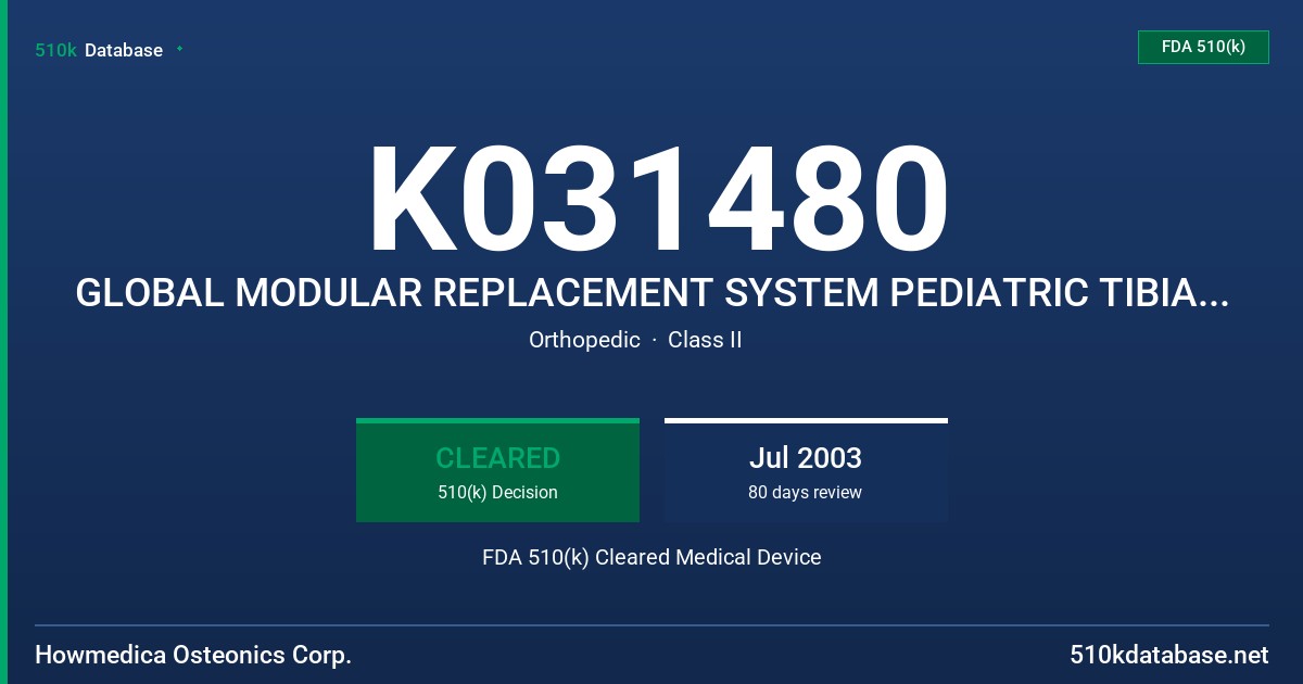 K031480 GLOBAL MODULAR REPLACEMENT SYSTEM PEDIATRIC TIBIAL BEARING COMPONENT FDA 510(k) Cleared Medical Device