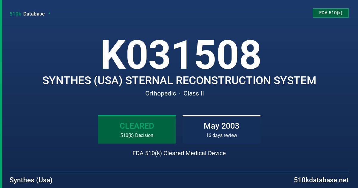 K031508 SYNTHES (USA) STERNAL RECONSTRUCTION SYSTEM FDA 510(k) Cleared Medical Device