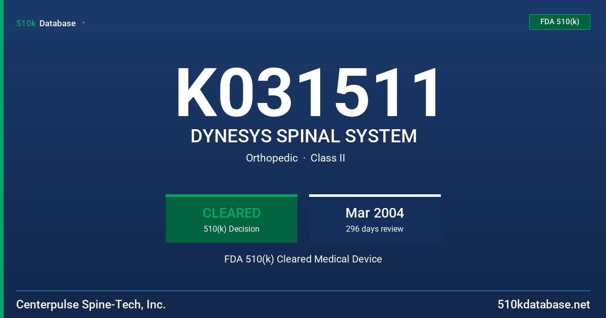 K031511 DYNESYS SPINAL SYSTEM FDA 510(k) Cleared Medical Device