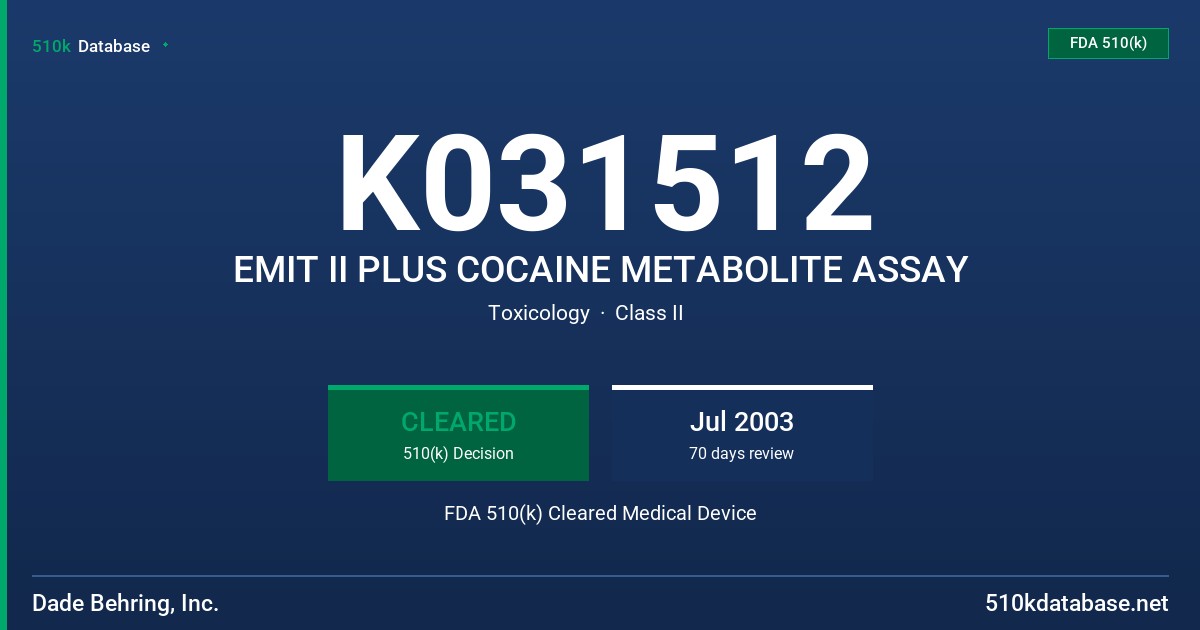K031512 EMIT II PLUS COCAINE METABOLITE ASSAY FDA 510(k) Cleared Medical Device