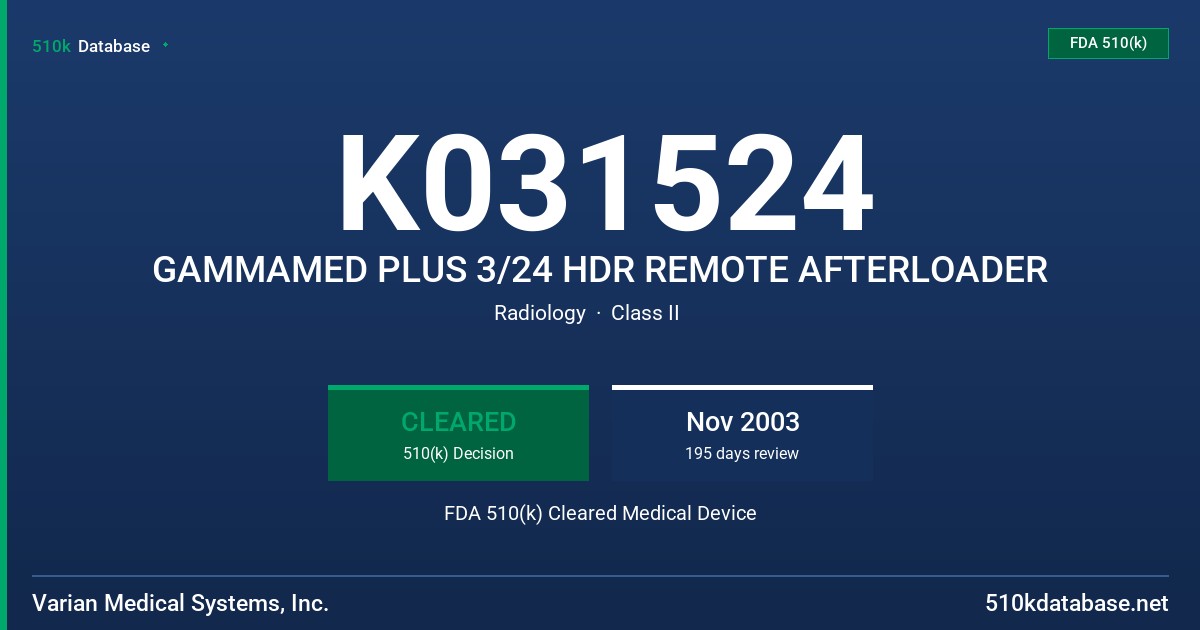 K031524 GAMMAMED PLUS 3/24 HDR REMOTE AFTERLOADER FDA 510(k) Cleared Medical Device