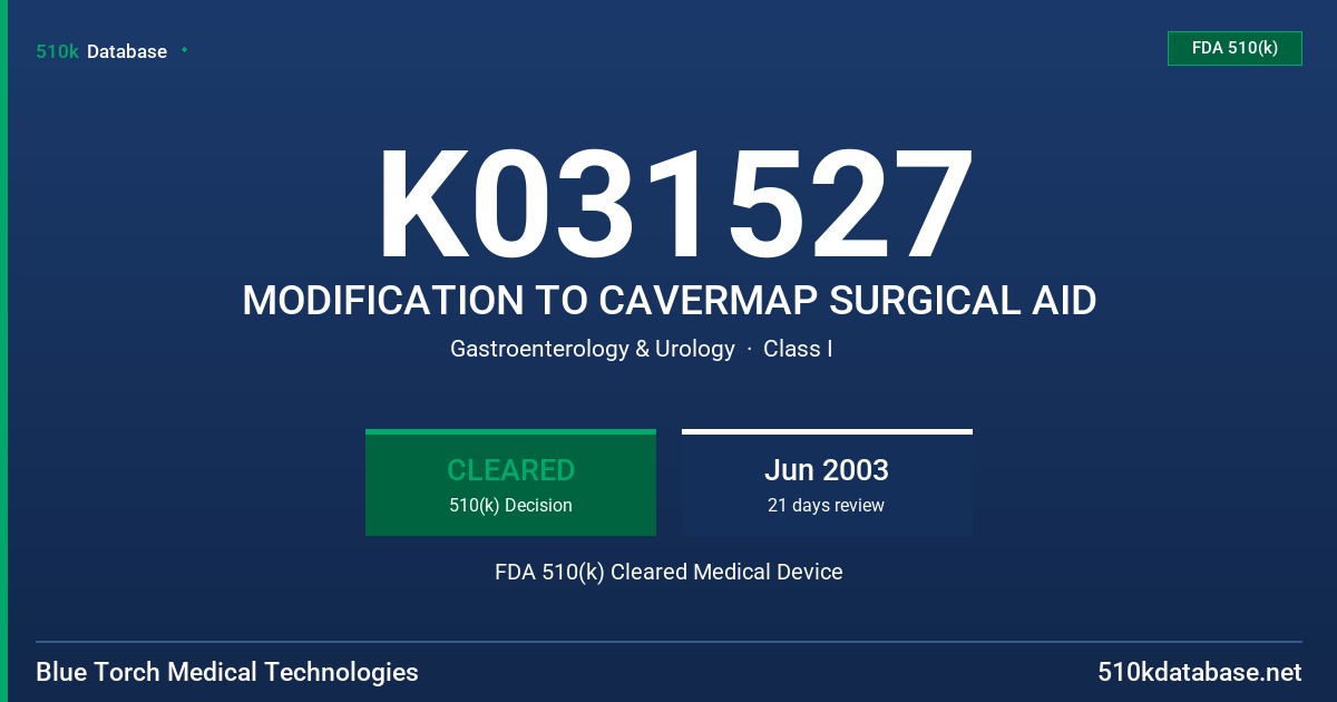 K031527 MODIFICATION TO CAVERMAP SURGICAL AID FDA 510(k) Cleared Medical Device