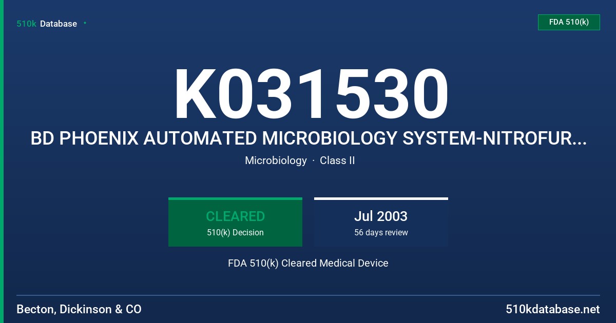 K031530 BD PHOENIX AUTOMATED MICROBIOLOGY SYSTEM-NITROFURANTOIN-8-512 UG/ML FDA 510(k) Cleared Medical Device