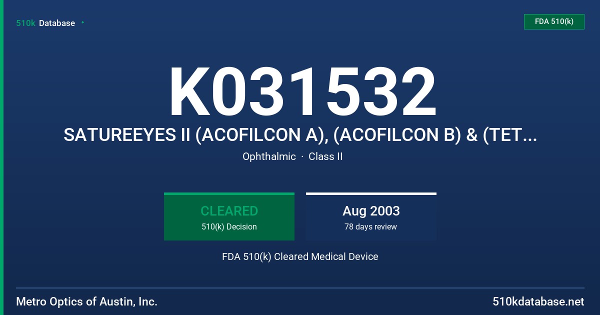 K031532 SATUREEYES II (ACOFILCON A), (ACOFILCON B) & (TETRAFILCON A) SOFT CONTACT LENS FOR DAILY WEAR FDA 510(k) Cleared Medical Device
