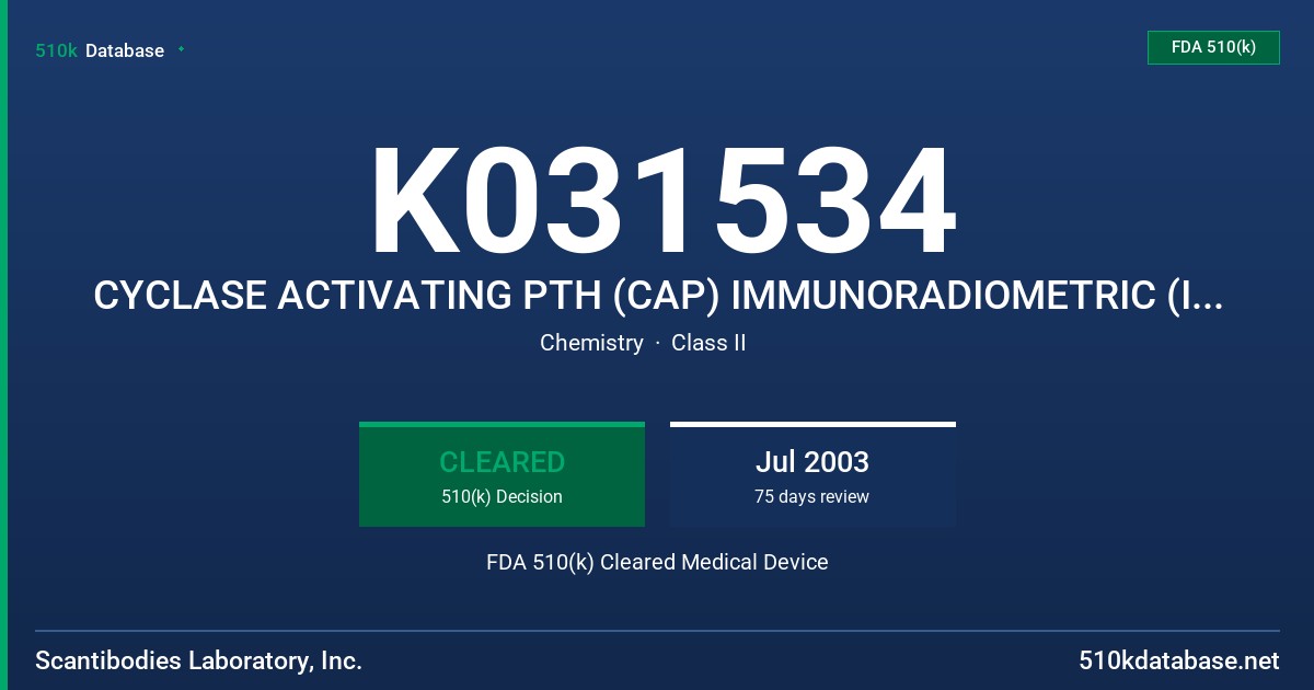 K031534 CYCLASE ACTIVATING PTH (CAP) IMMUNORADIOMETRIC (IRMA) ASSAY KIT, MODEL 3KG001 FDA 510(k) Cleared Medical Device