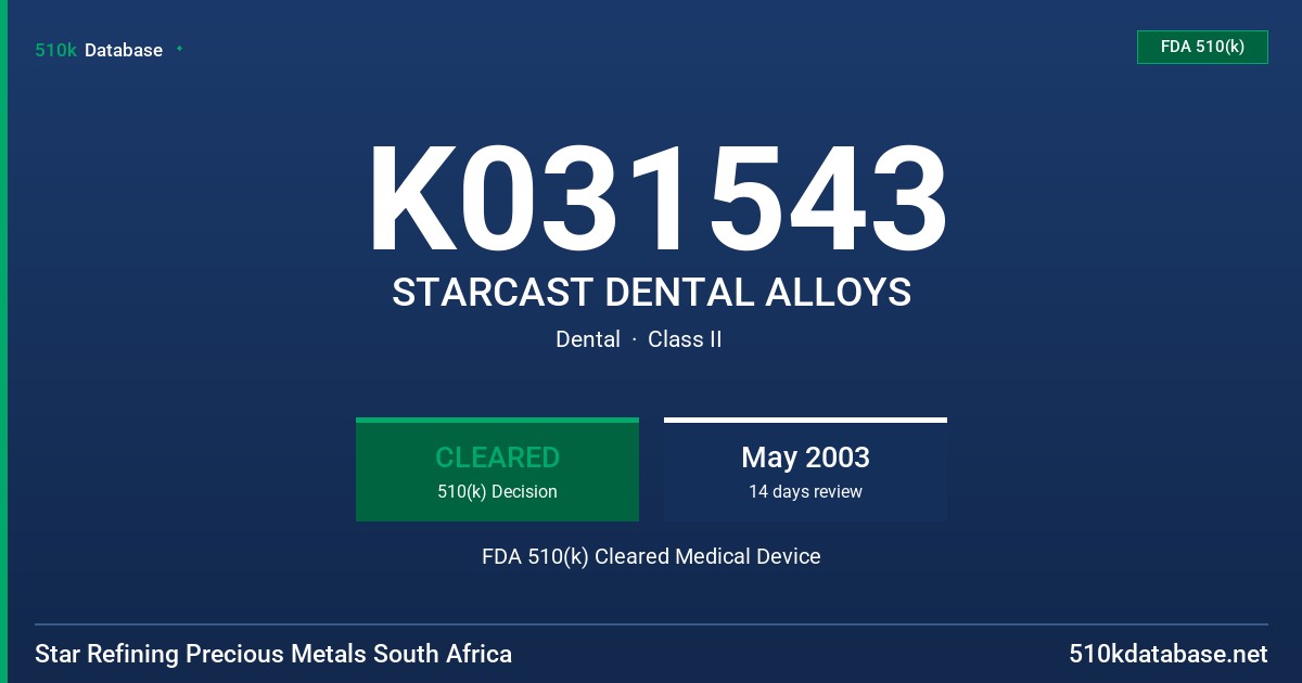 K031543 STARCAST DENTAL ALLOYS FDA 510(k) Cleared Medical Device
