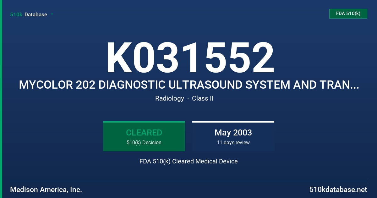 K031552 MYCOLOR 202 DIAGNOSTIC ULTRASOUND SYSTEM AND TRANSDUCERS FDA 510(k) Cleared Medical Device