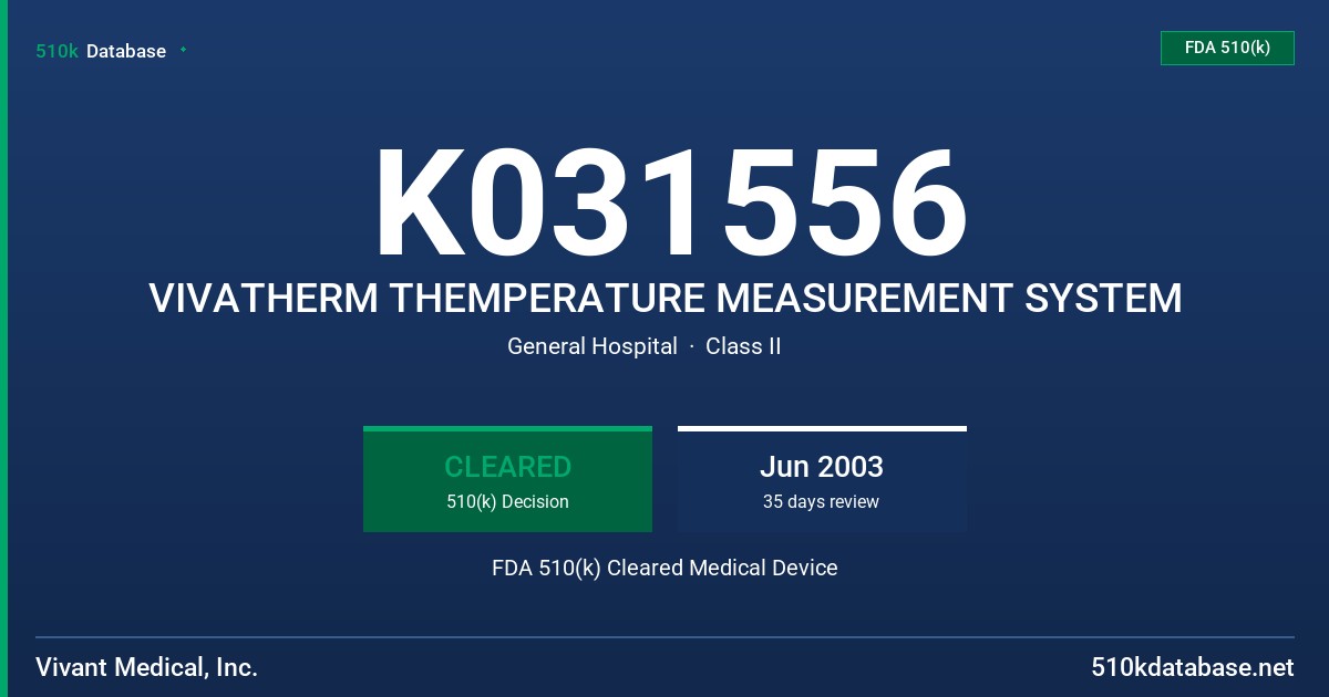 K031556 VIVATHERM THEMPERATURE MEASUREMENT SYSTEM FDA 510(k) Cleared Medical Device
