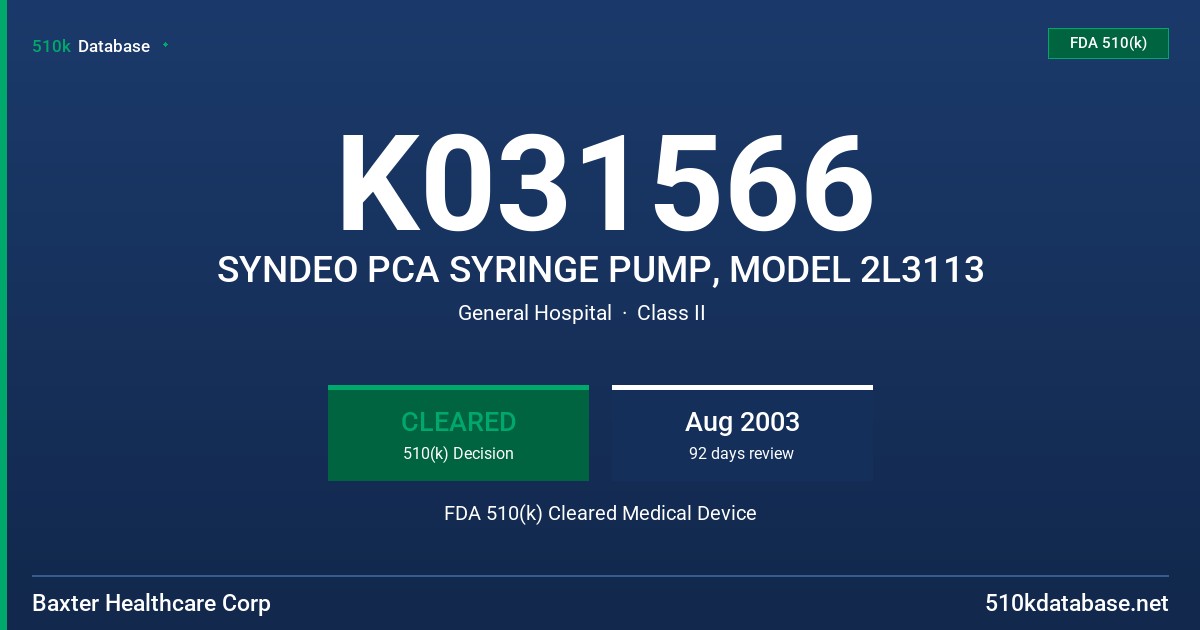 K031566 SYNDEO PCA SYRINGE PUMP, MODEL 2L3113 FDA 510(k) Cleared Medical Device