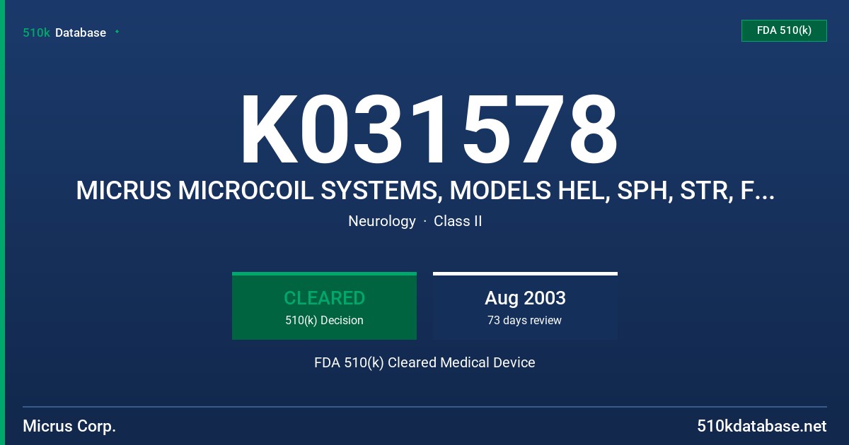K031578 MICRUS MICROCOIL SYSTEMS, MODELS HEL, SPH, STR, FSR AND HSR FDA 510(k) Cleared Medical Device