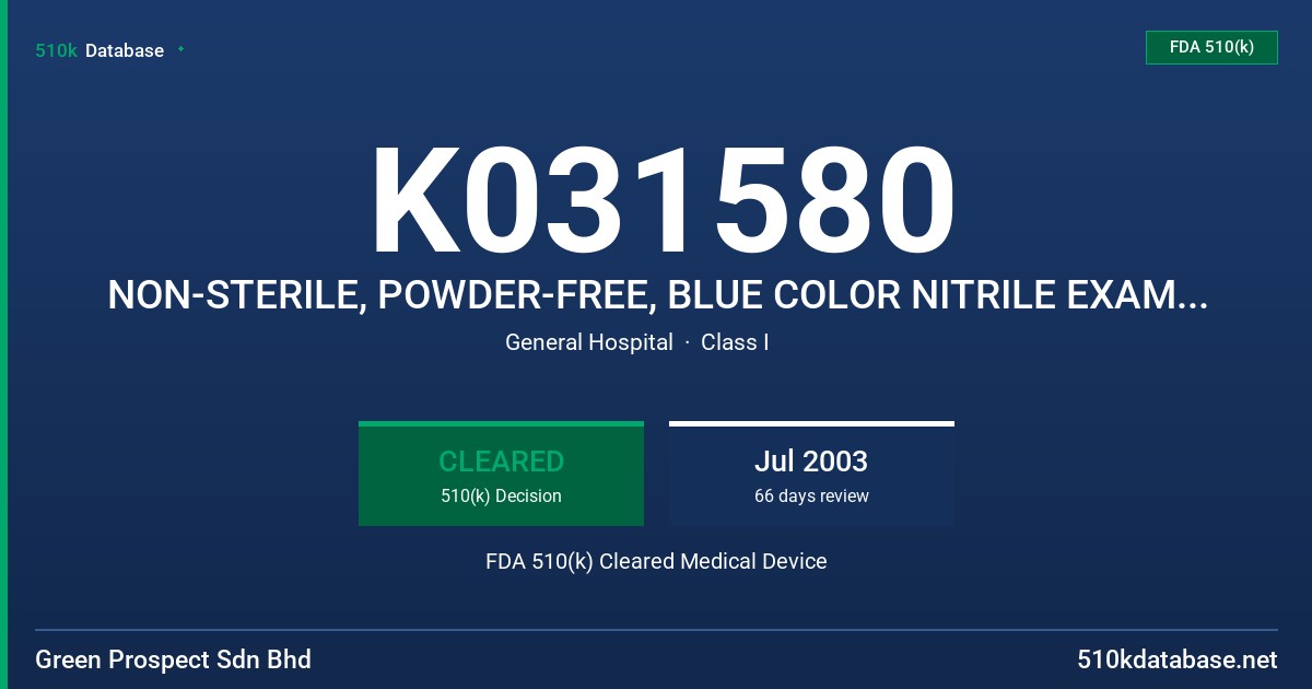 K031580 NON-STERILE, POWDER-FREE, BLUE COLOR NITRILE EXAMINATION GLOVE FDA 510(k) Cleared Medical Device