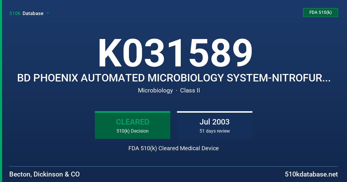 K031589 BD PHOENIX AUTOMATED MICROBIOLOGY SYSTEM-NITROFURANTOIN GRAM POSITIVE FDA 510(k) Cleared Medical Device