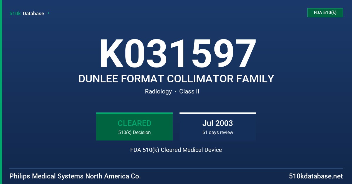 K031597 DUNLEE FORMAT COLLIMATOR FAMILY FDA 510(k) Cleared Medical Device