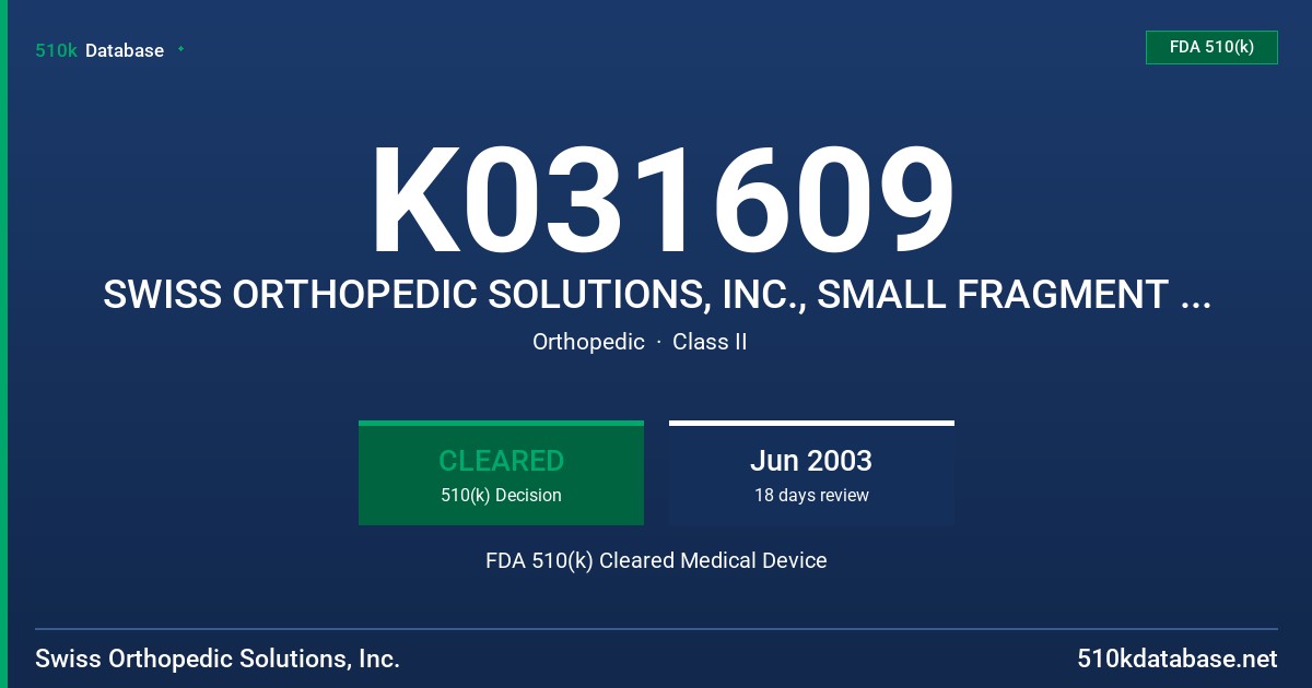 K031609 SWISS ORTHOPEDIC SOLUTIONS, INC., SMALL FRAGMENT LOCKING PLATE SYSTEM FDA 510(k) Cleared Medical Device