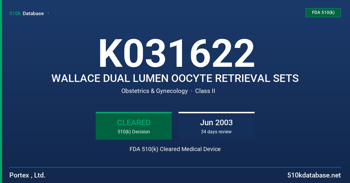 K031622 WALLACE DUAL LUMEN OOCYTE RETRIEVAL SETS FDA 510(k) Cleared Medical Device