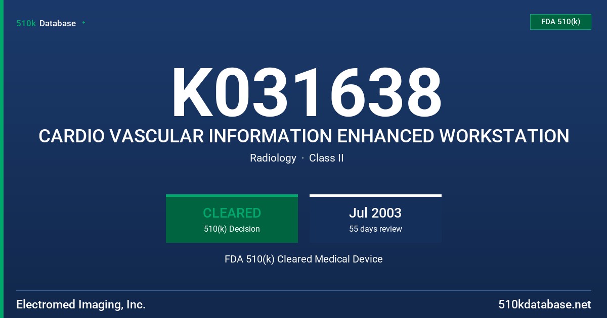 K031638 CARDIO VASCULAR INFORMATION ENHANCED WORKSTATION FDA 510(k) Cleared Medical Device