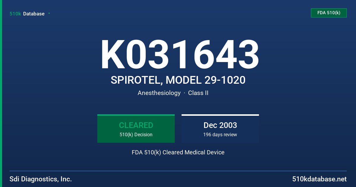 K031643 SPIROTEL, MODEL 29-1020 FDA 510(k) Cleared Medical Device