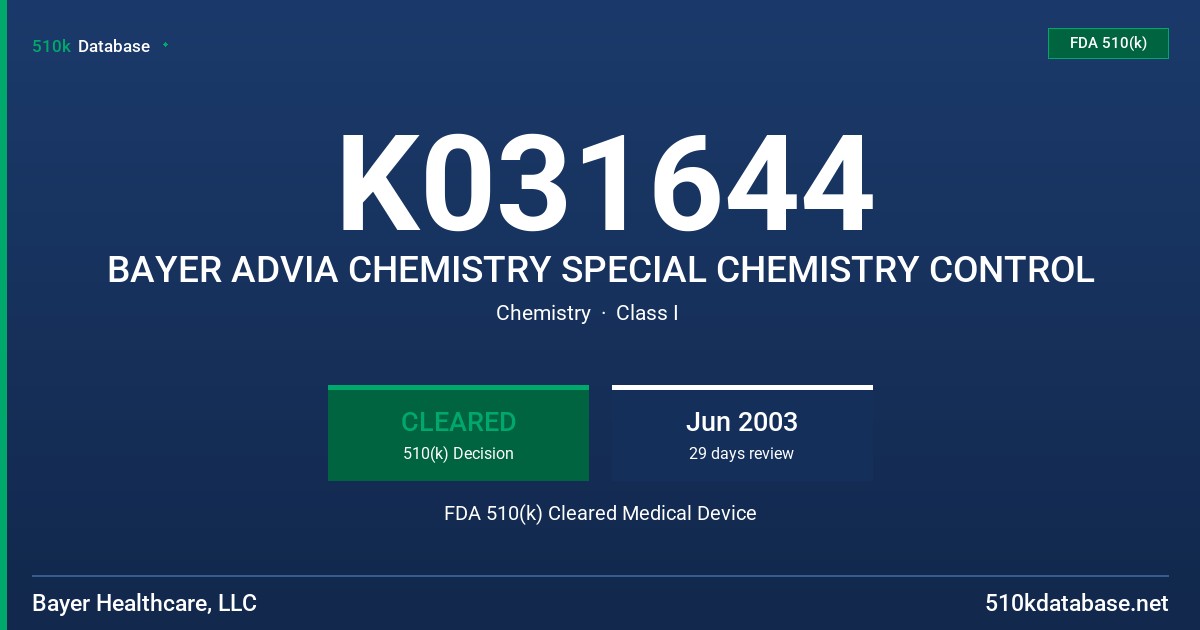 K031644 BAYER ADVIA CHEMISTRY SPECIAL CHEMISTRY CONTROL FDA 510(k) Cleared Medical Device