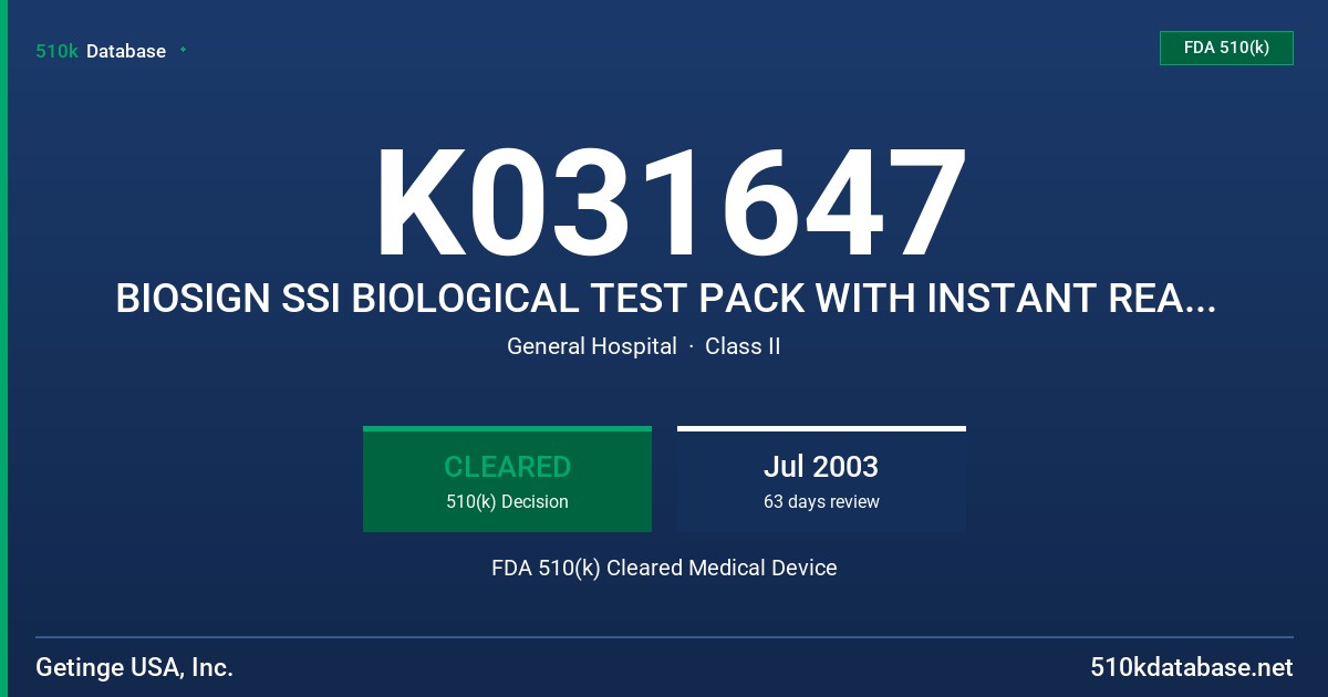 K031647 BIOSIGN SSI BIOLOGICAL TEST PACK WITH INSTANT READOUT INTEGRATOR FDA 510(k) Cleared Medical Device