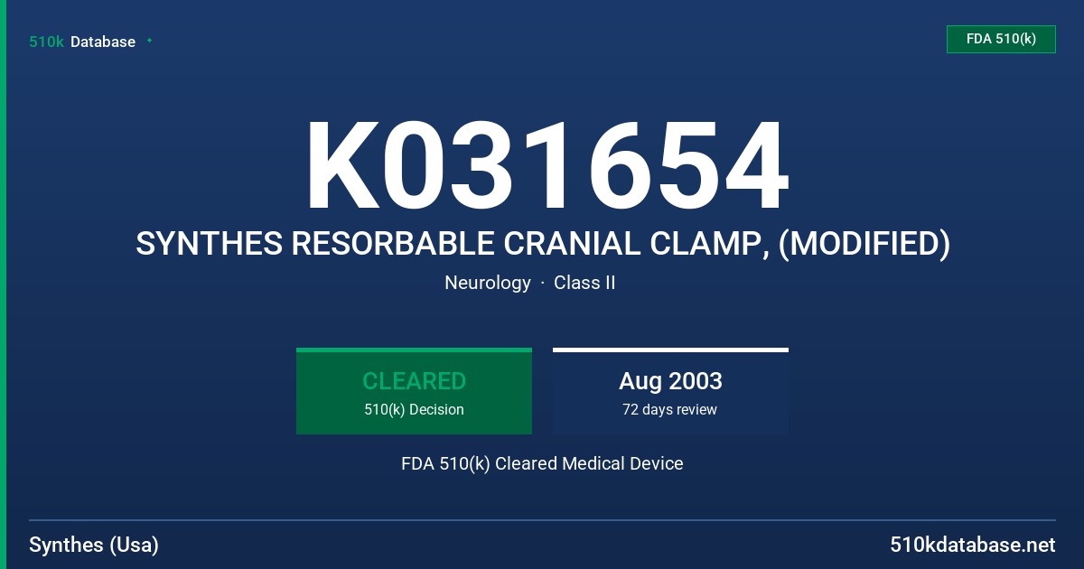 K031654 SYNTHES RESORBABLE CRANIAL CLAMP, (MODIFIED) FDA 510(k) Cleared Medical Device