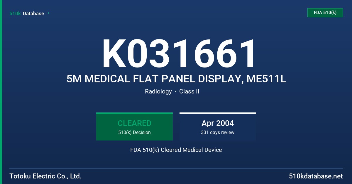 K031661 5M MEDICAL FLAT PANEL DISPLAY, ME511L FDA 510(k) Cleared Medical Device