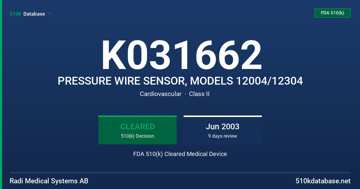 K031662 PRESSURE WIRE SENSOR, MODELS 12004/12304 FDA 510(k) Cleared Medical Device
